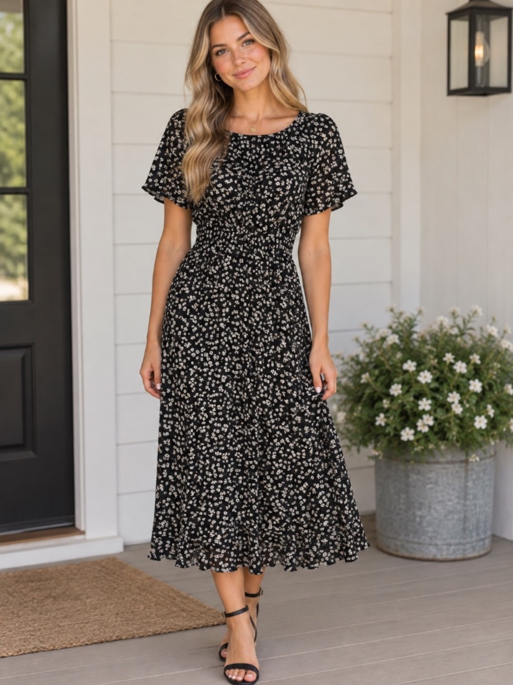 H&M black and white floral maxi dress